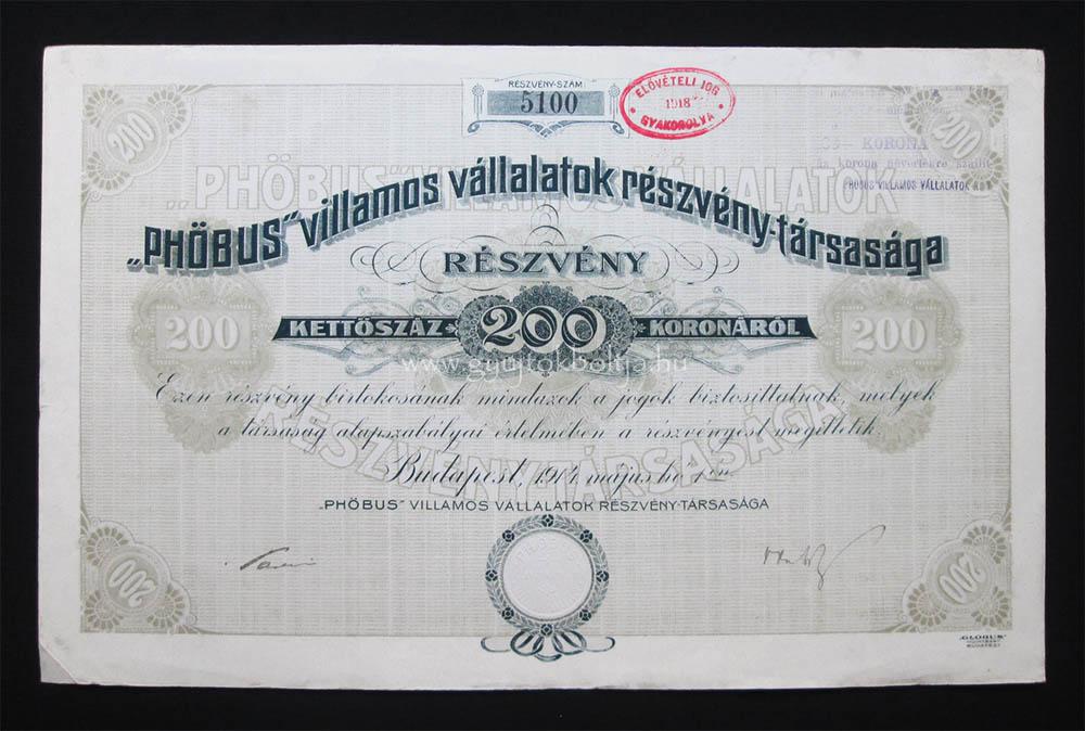 Phbus Villamos Vllalatok rszvny 200 korona 1914
